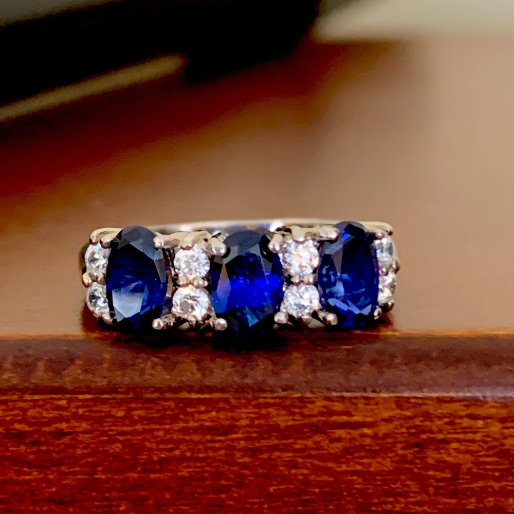 Vintage Silver Synthetic Sapphire and CZ Ring